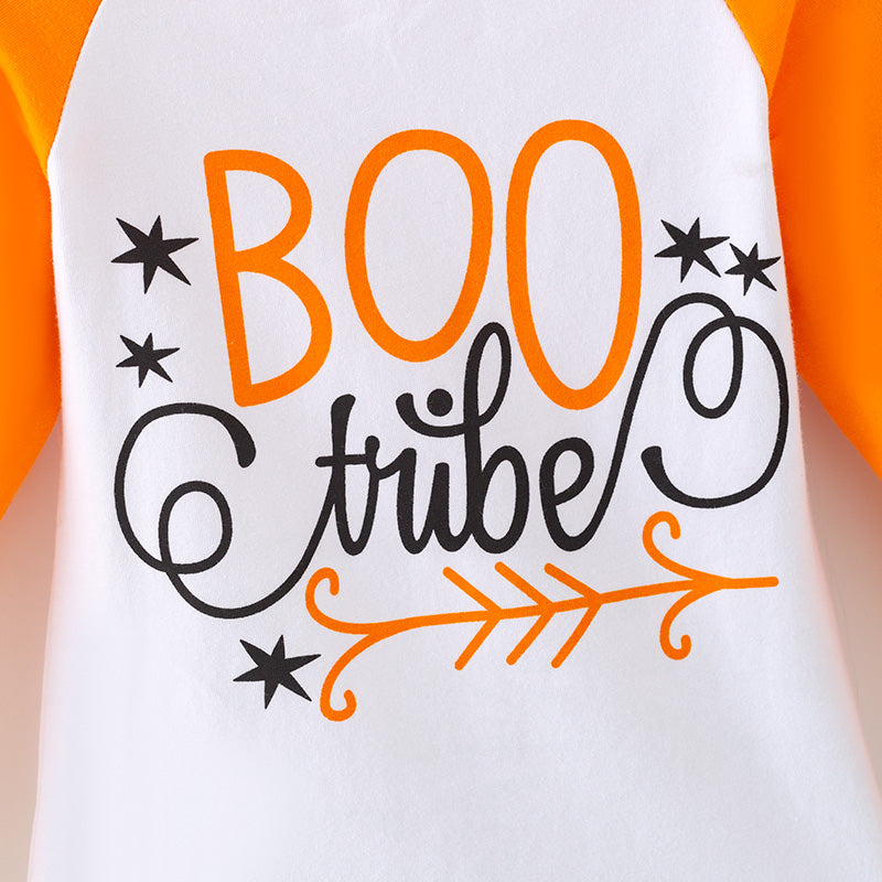 （In Stock）Girls Halloween BOO Vibes Print Cotton Top Ghost Skirt Set
