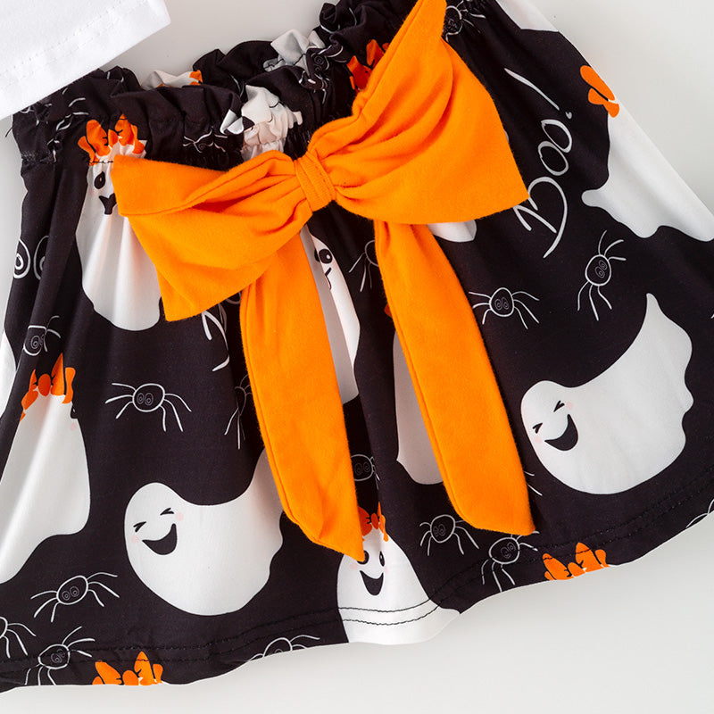 （In Stock）Girls Halloween BOO Vibes Print Cotton Top Ghost Skirt Set