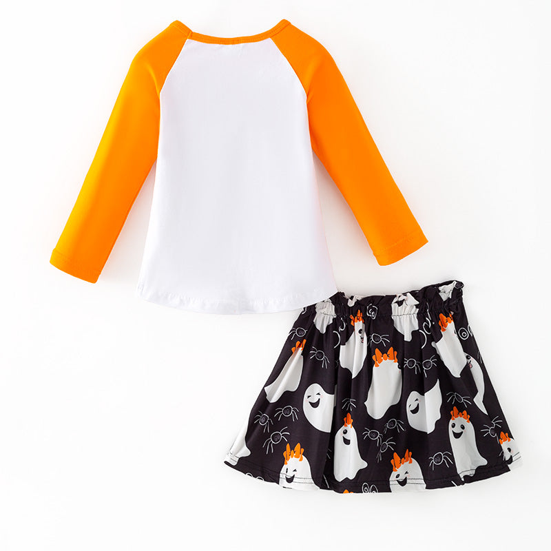 （In Stock）Girls Halloween BOO Vibes Print Cotton Top Ghost Skirt Set