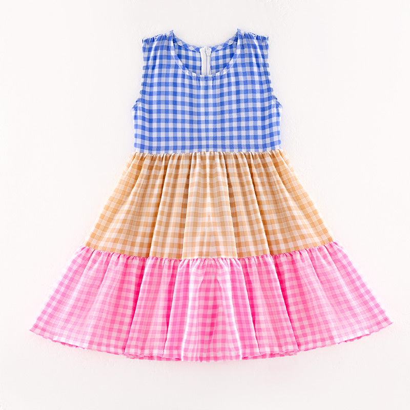 （In Stock）Girls Spring and Summer Colorful Plaid Dress