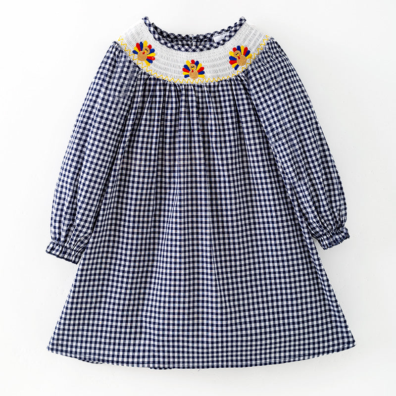 （In Stock）Girls Thanksgiving Turkey Embroidery Smocked Cotton Dress