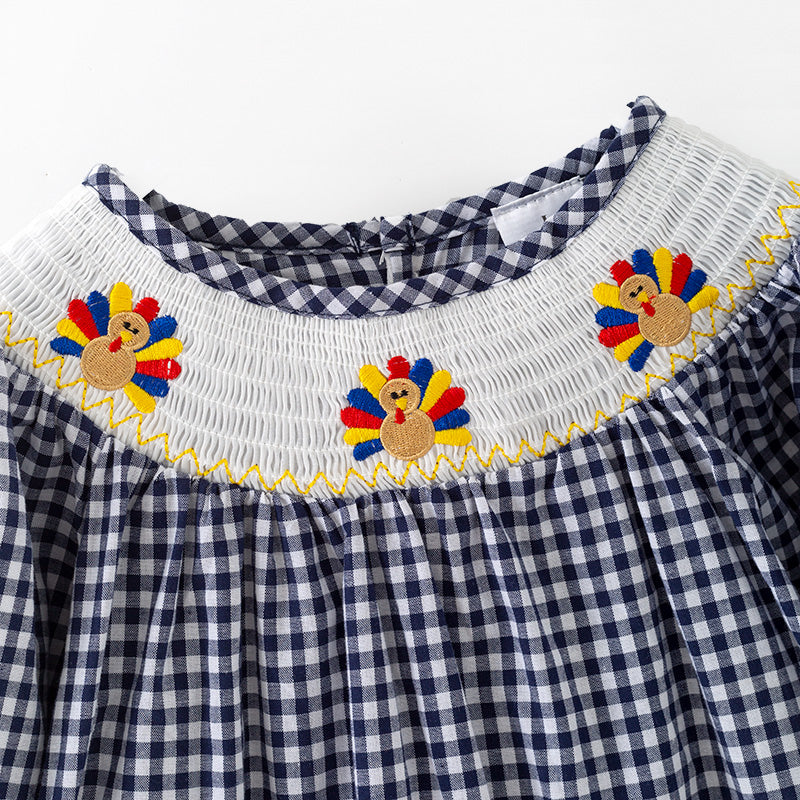 （In Stock）Girls Thanksgiving Turkey Embroidery Smocked Cotton Dress