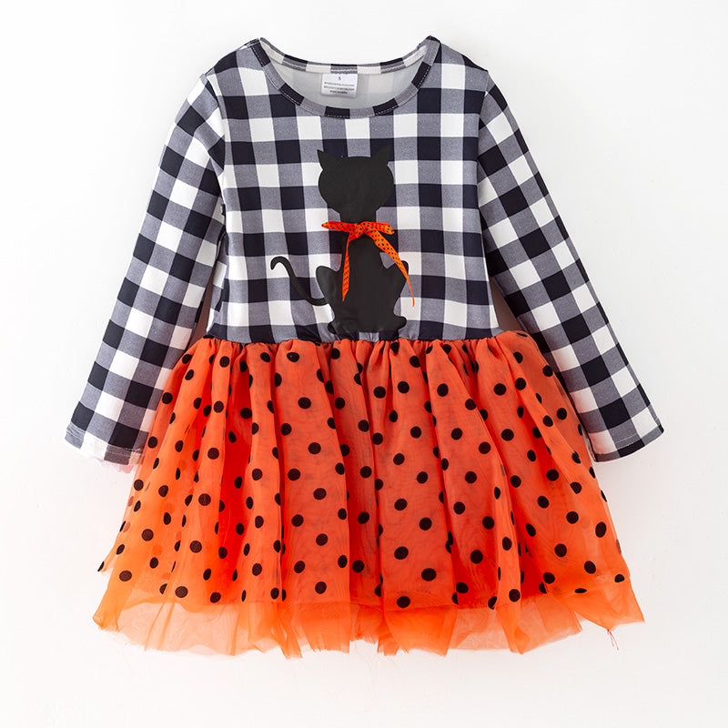 （In Stock）Girls Halloween Kitty Print Tulle Dress