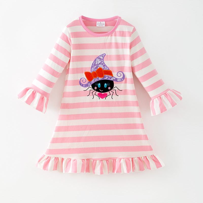 （In Stock）Girls Halloween Spider Applique Cotton Ruffle Dress
