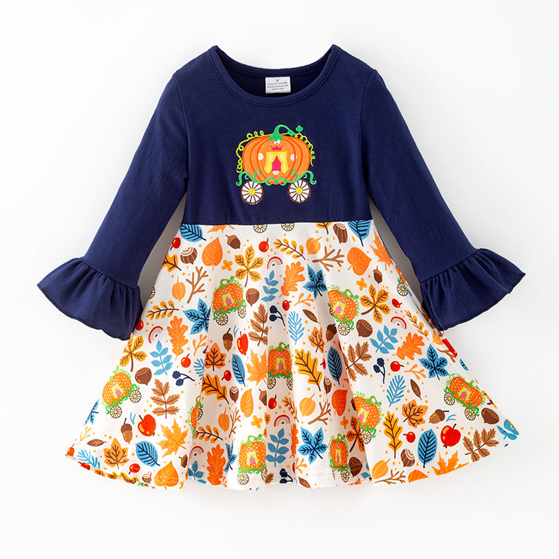 （In Stock）Girls Fall Pumpkin Applique Ruffle Sleeves Dress