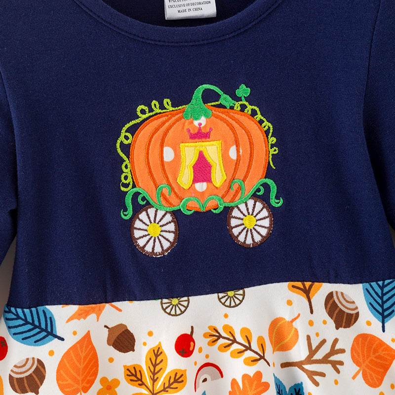 （In Stock）Girls Fall Pumpkin Applique Ruffle Sleeves Dress