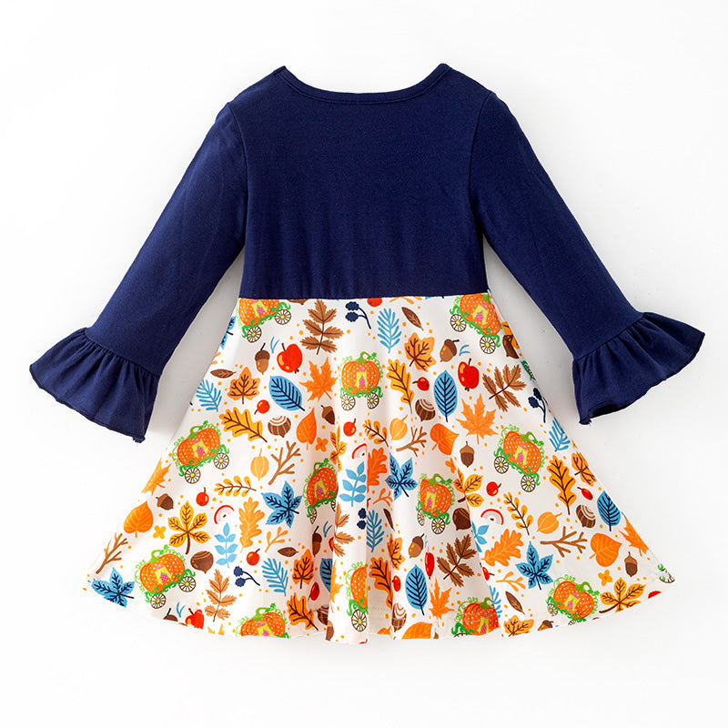（In Stock）Girls Fall Pumpkin Applique Ruffle Sleeves Dress