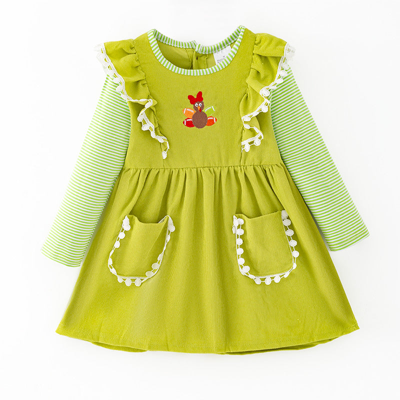 （In Stock）Girls Thanksgiving Turkey Embroidery Dress with Pockets