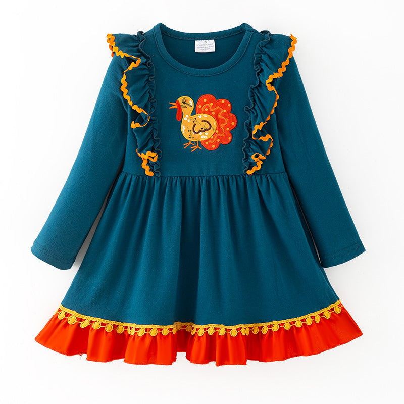 （In Stock）Girls Thanksgiving Turkey Applique Cotton Ruffle Dress