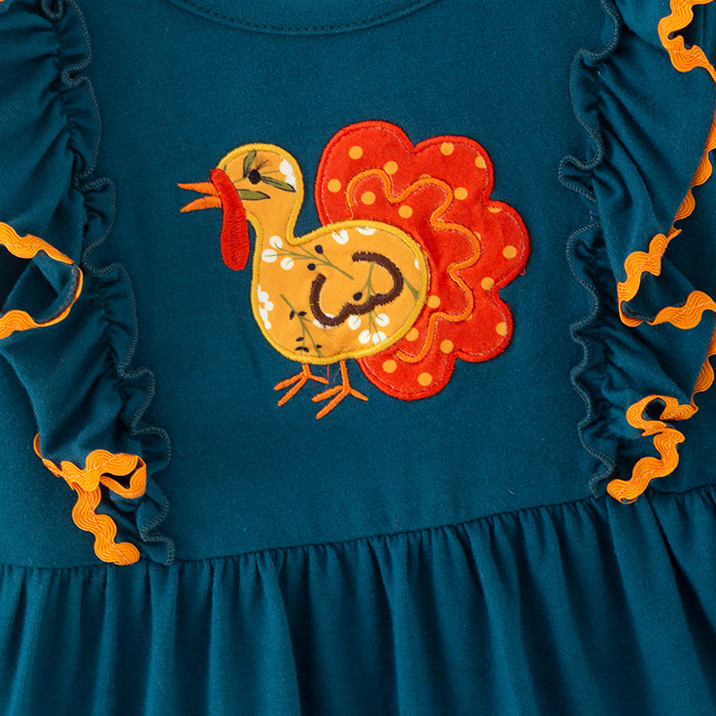 （In Stock）Girls Thanksgiving Turkey Applique Cotton Ruffle Dress