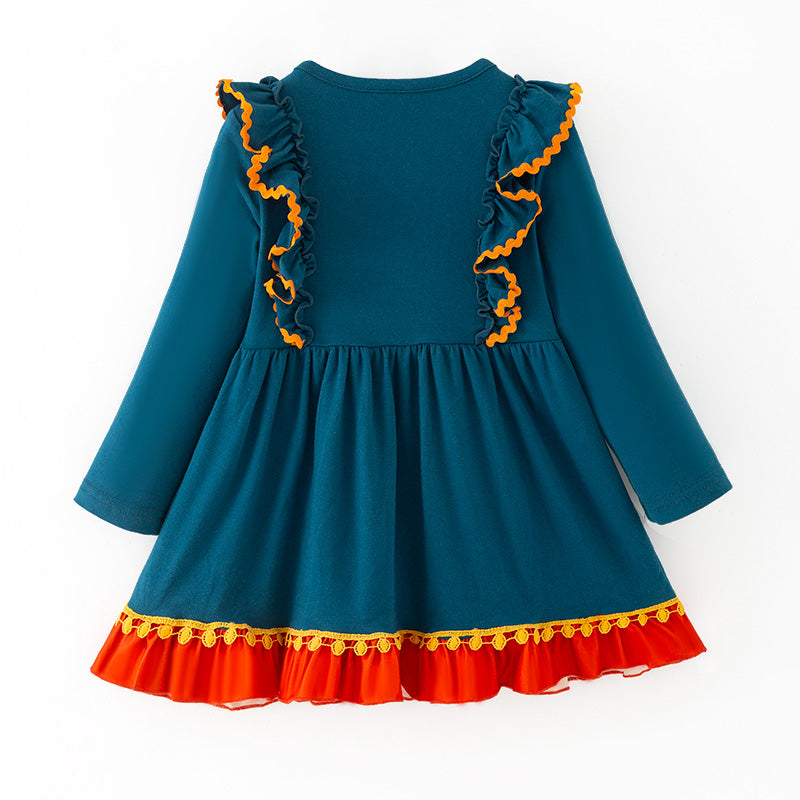（In Stock）Girls Thanksgiving Turkey Applique Cotton Ruffle Dress