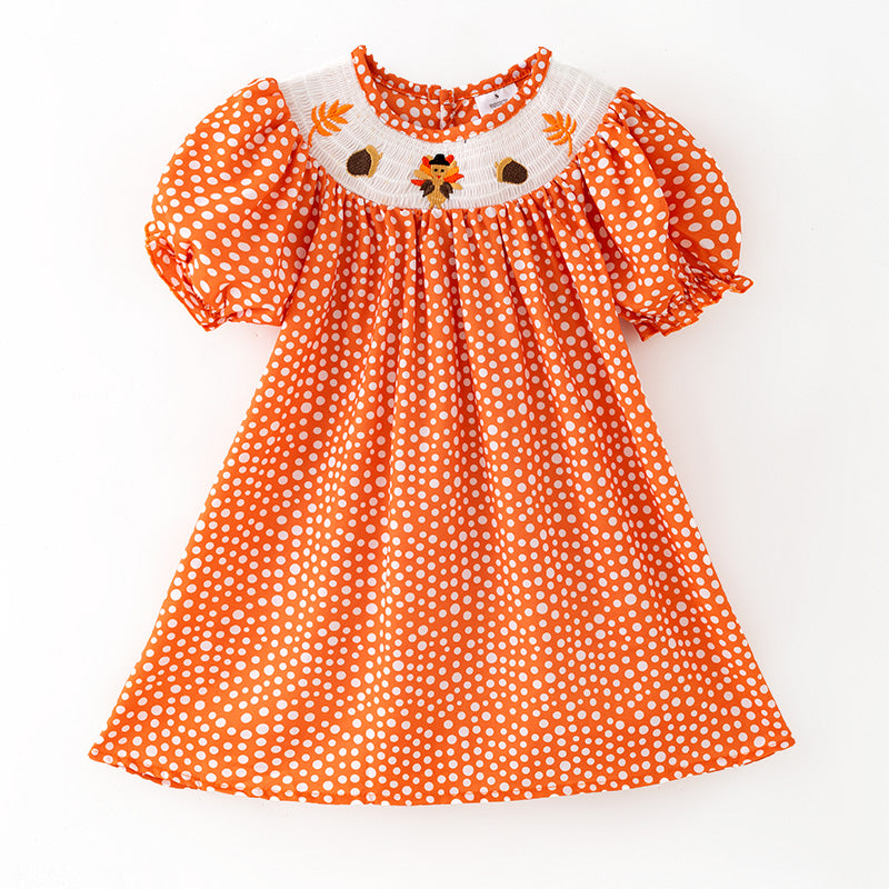 （In Stock）Girls Thanksgiving Turkey Embroidery Smocked Dress