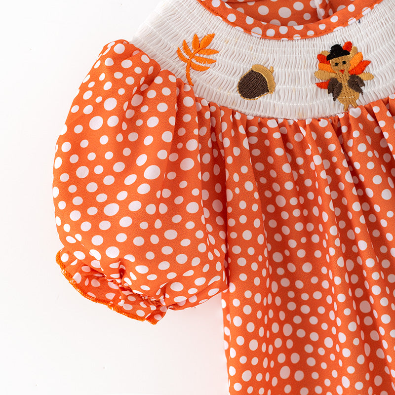 （In Stock）Girls Thanksgiving Turkey Embroidery Smocked Dress