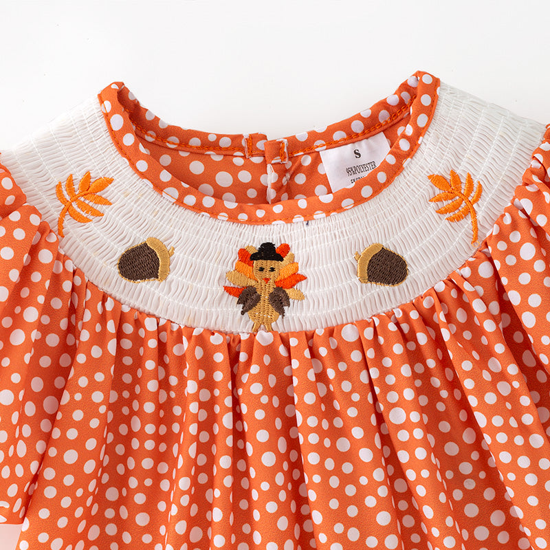 （In Stock）Girls Thanksgiving Turkey Embroidery Smocked Dress