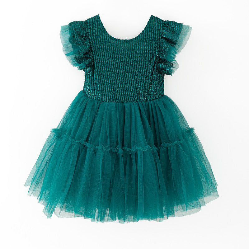 （In Stock）Girls Fall&Winter Dark Green Sequin Tulle Dress