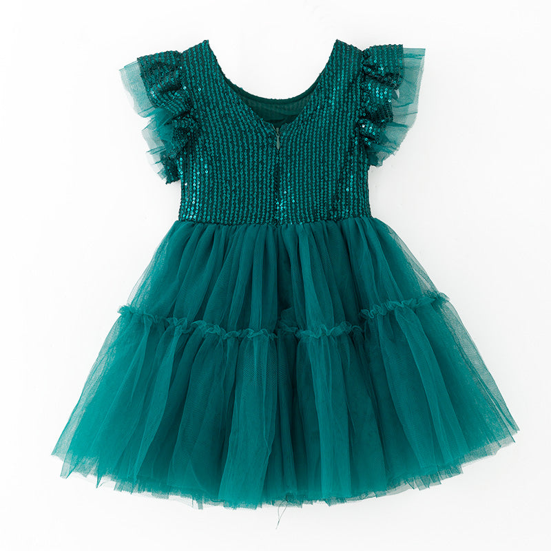 （In Stock）Girls Fall&Winter Dark Green Sequin Tulle Dress