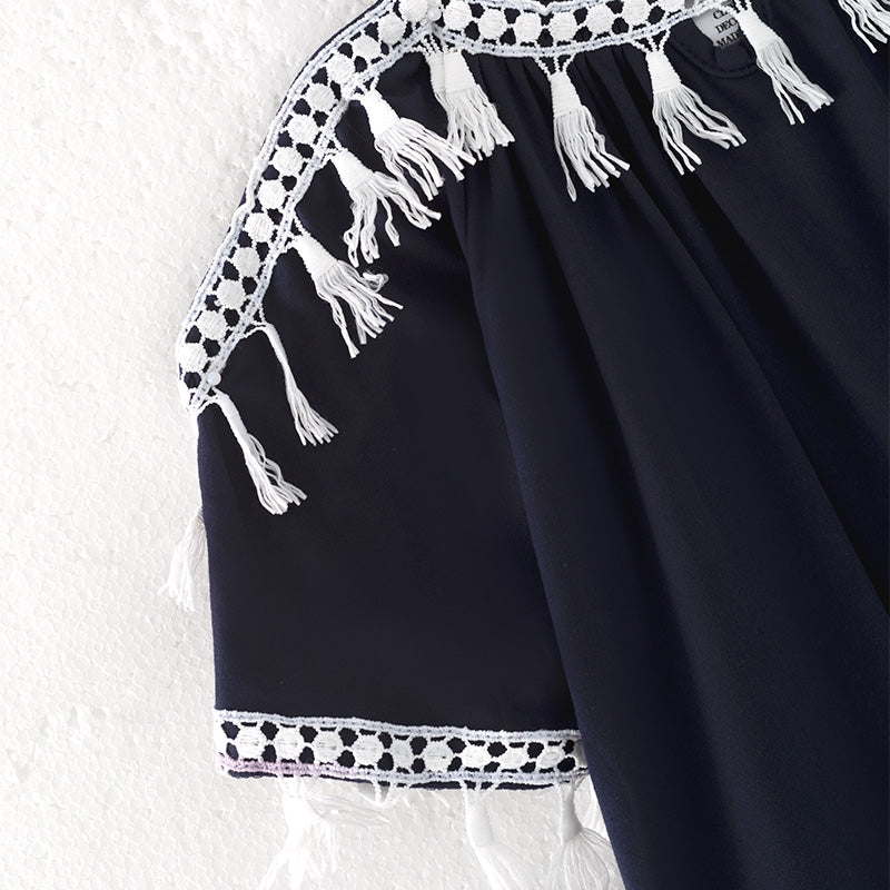 （In Stock）Girls Spring and Summer Navy Fringe Dress