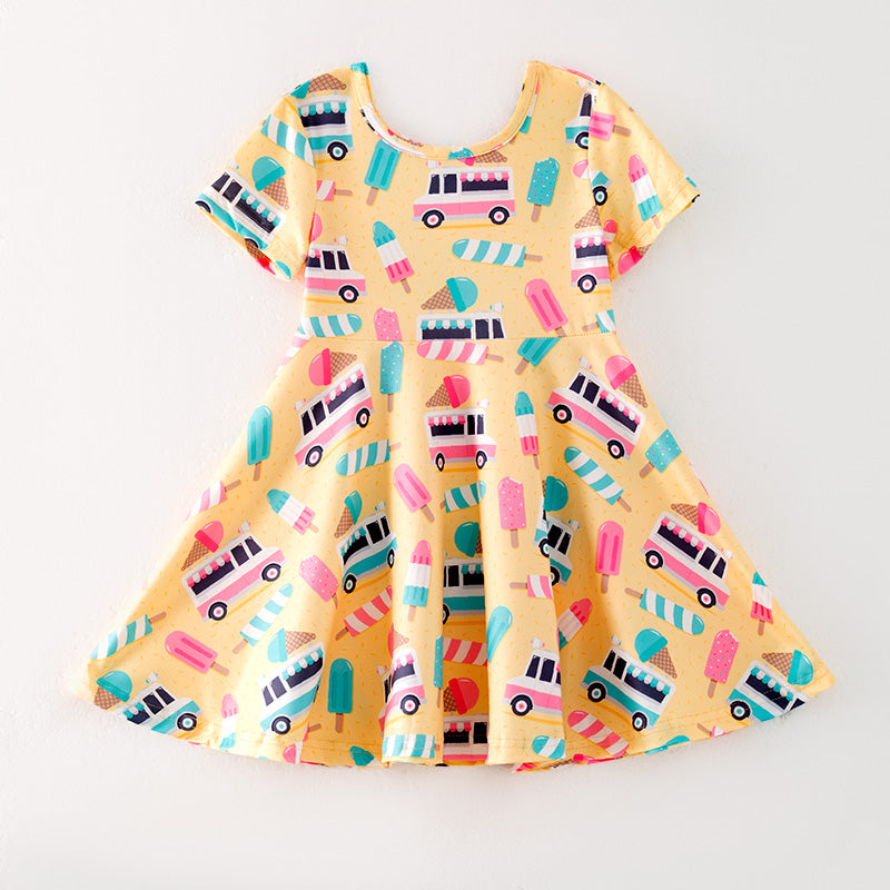 （In Stock）Girls Spring and Summer Ice Cream Truck Print Dress