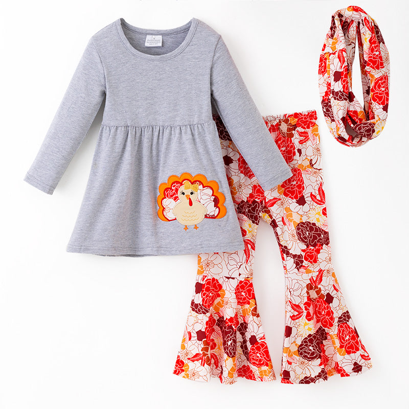 （In Stock）Girls Thanksgiving Turkey Applique Outfit Set with Scarf