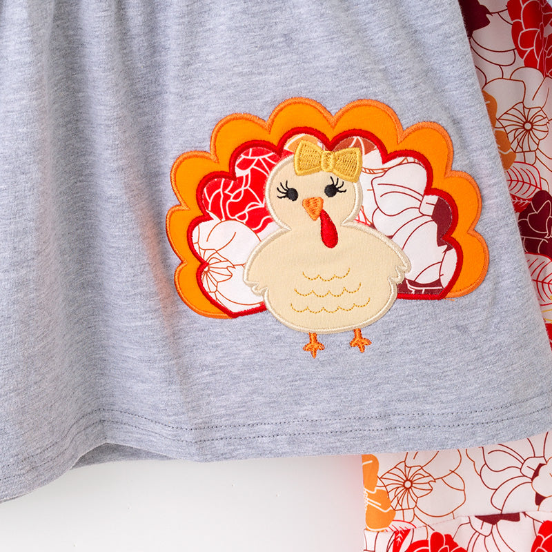 （In Stock）Girls Thanksgiving Turkey Applique Outfit Set with Scarf