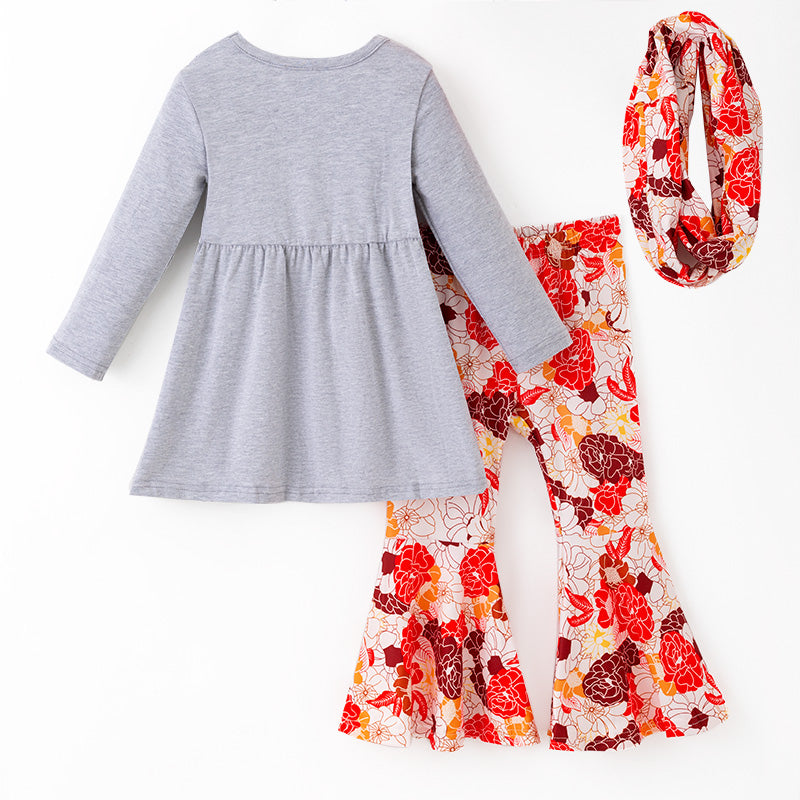 （In Stock）Girls Thanksgiving Turkey Applique Outfit Set with Scarf