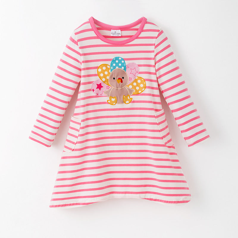 （In Stock）Girls Thanksgiving Turkey Applique Cotton Dress with Pockets