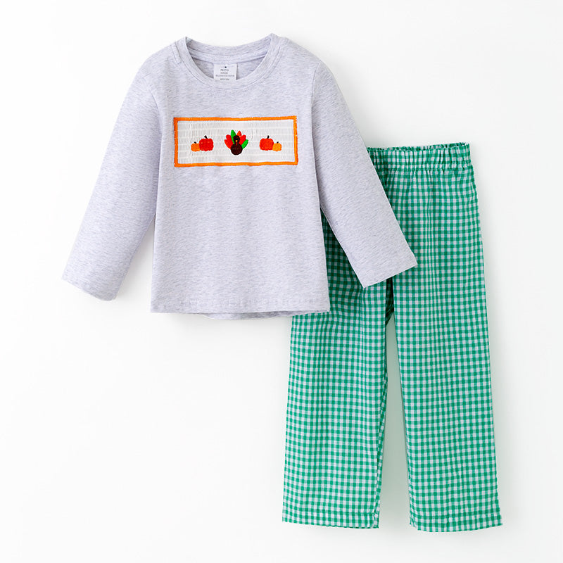 （In Stock）Boys Thanksgiving Turkey Embroidery Smocked Cotton Outfit Set