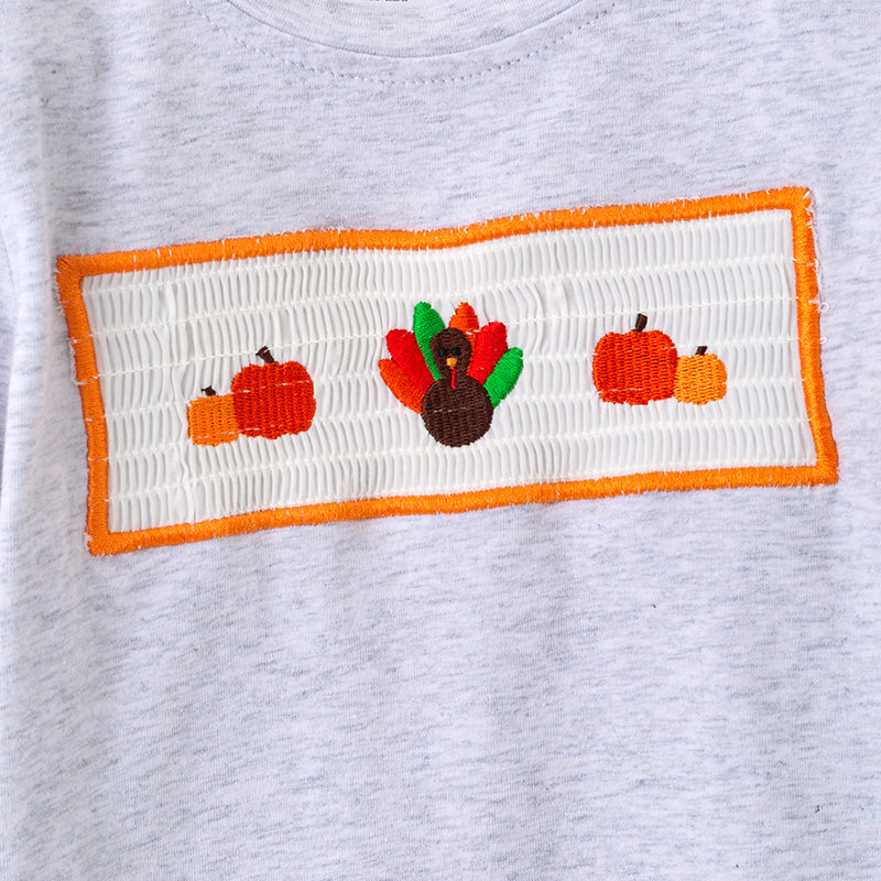 （In Stock）Boys Thanksgiving Turkey Embroidery Smocked Cotton Outfit Set