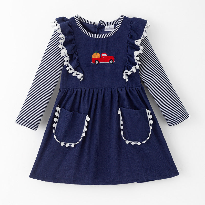 （In Stock）Girls Thanksgiving Pumpkin Embroidery Cotton Dress with Pockets