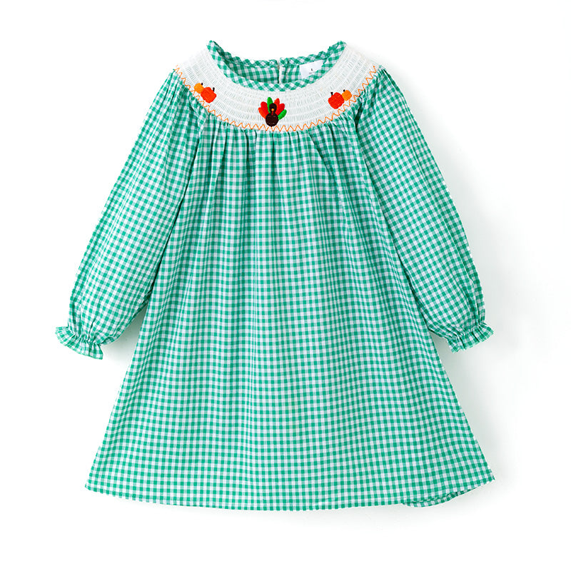 （In Stock）Girls Thanksgiving Turkey Embroidery Smocked Cotton Dress