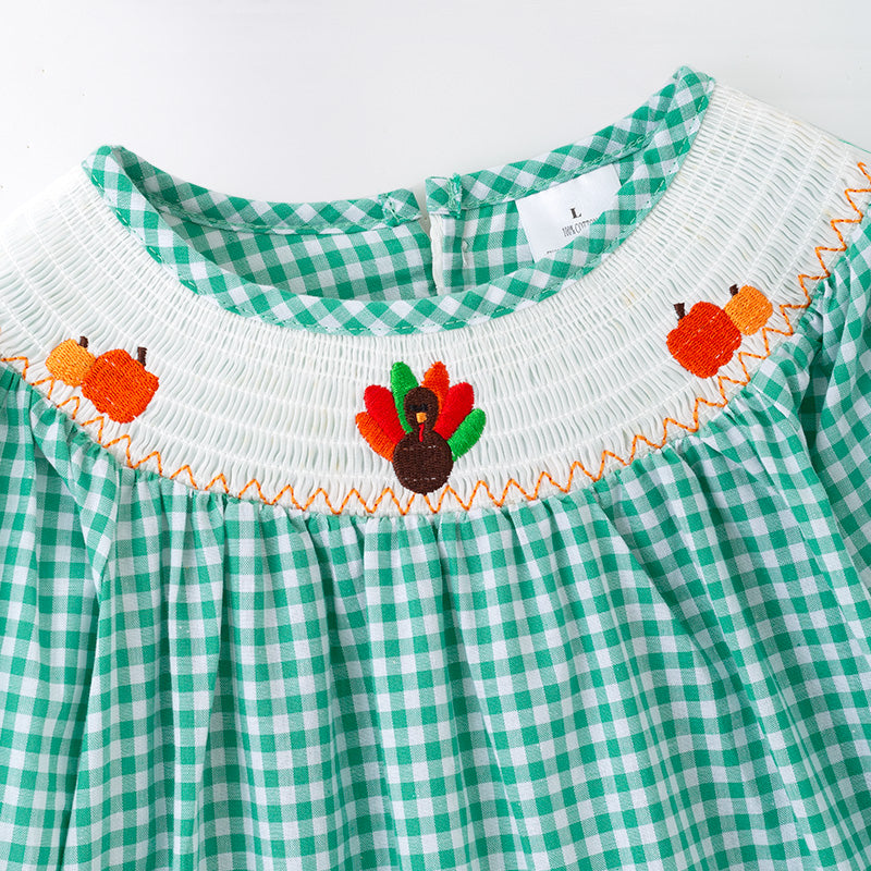（In Stock）Girls Thanksgiving Turkey Embroidery Smocked Cotton Dress
