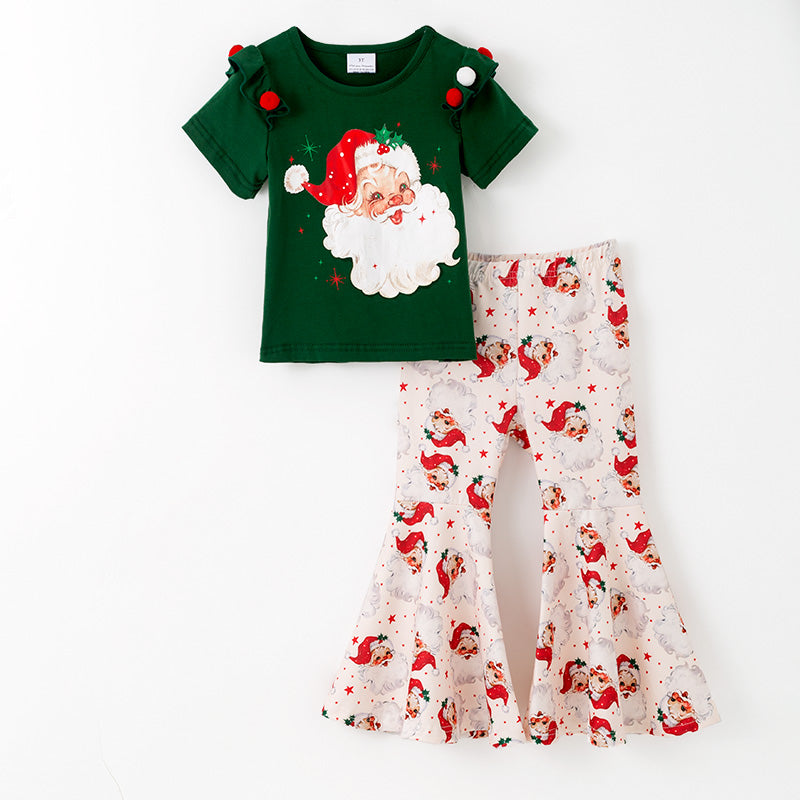 （In Stock）Girls Christmas Santa Claus Print Ruffle Outfit Set