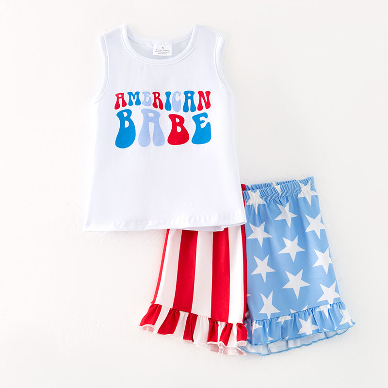 （In Stock）Girls Patriotic American Babe Print Shorts Set