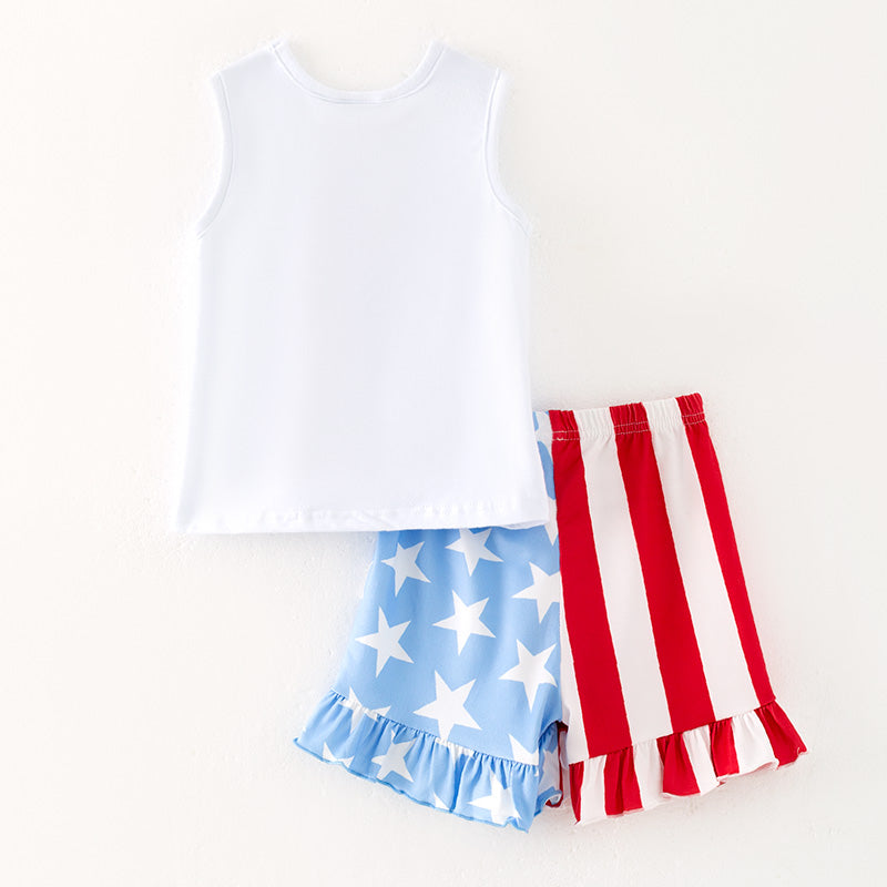 （In Stock）Girls Patriotic American Babe Print Shorts Set