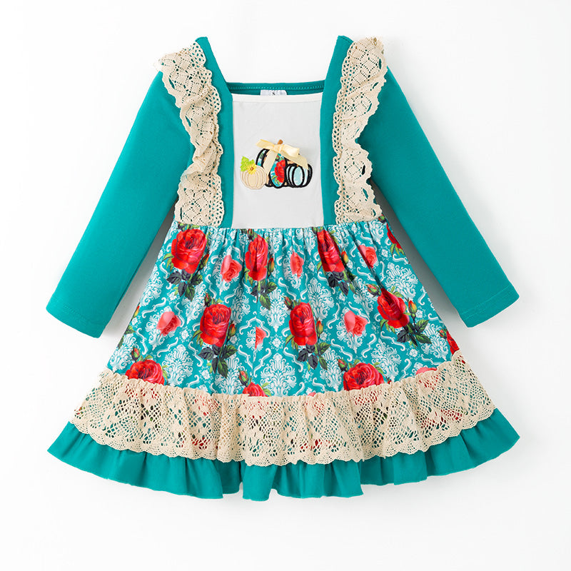 （In Stock）Girls Fall Pumpkin Embroidery Lace Ruffle Dress
