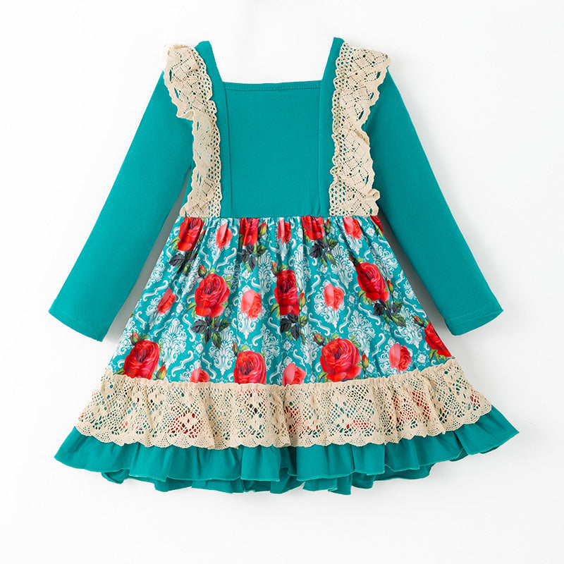 （In Stock）Girls Fall Pumpkin Embroidery Lace Ruffle Dress