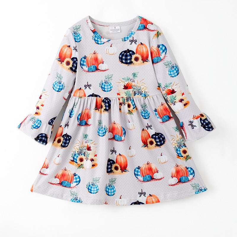 （In Stock）Girls Fall Pumpkin Print Milk Silk Dress
