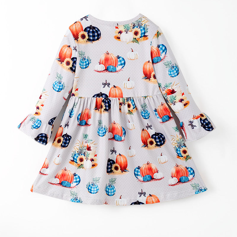 （In Stock）Girls Fall Pumpkin Print Milk Silk Dress