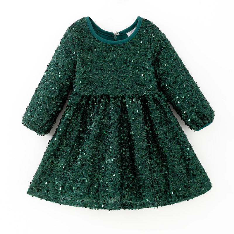 （In Stock）Girls Fall&Winter Dark Green Sequin Dress