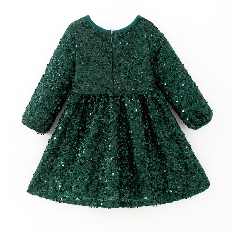 （In Stock）Girls Fall&Winter Dark Green Sequin Dress