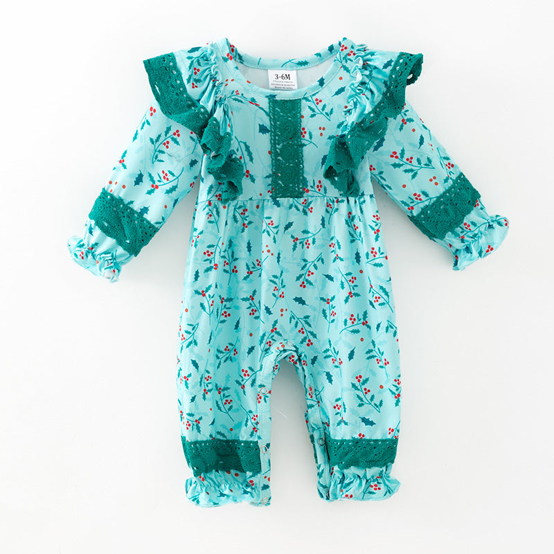（In Stock）Toddler Girls Christmas Print Lace Ruffle Romper