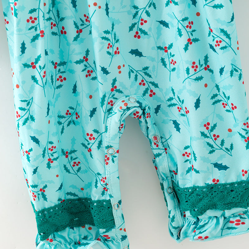 （In Stock）Toddler Girls Christmas Print Lace Ruffle Romper