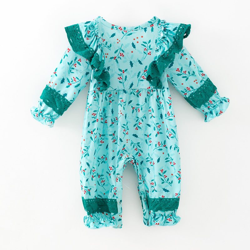 （In Stock）Toddler Girls Christmas Print Lace Ruffle Romper