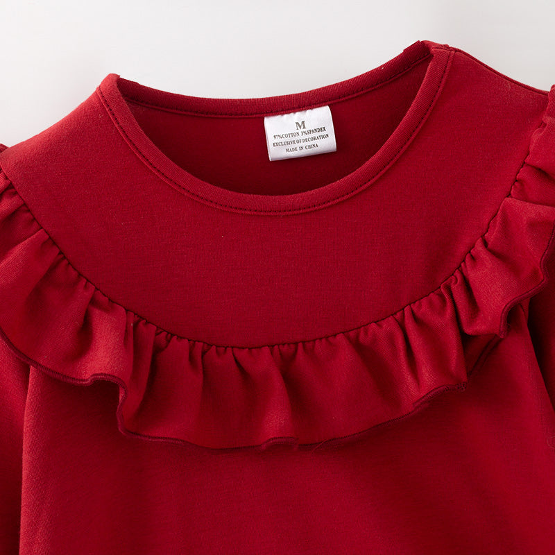 （In Stock）Girls Fall&Winter Red Cotton Top Bell Pants Set
