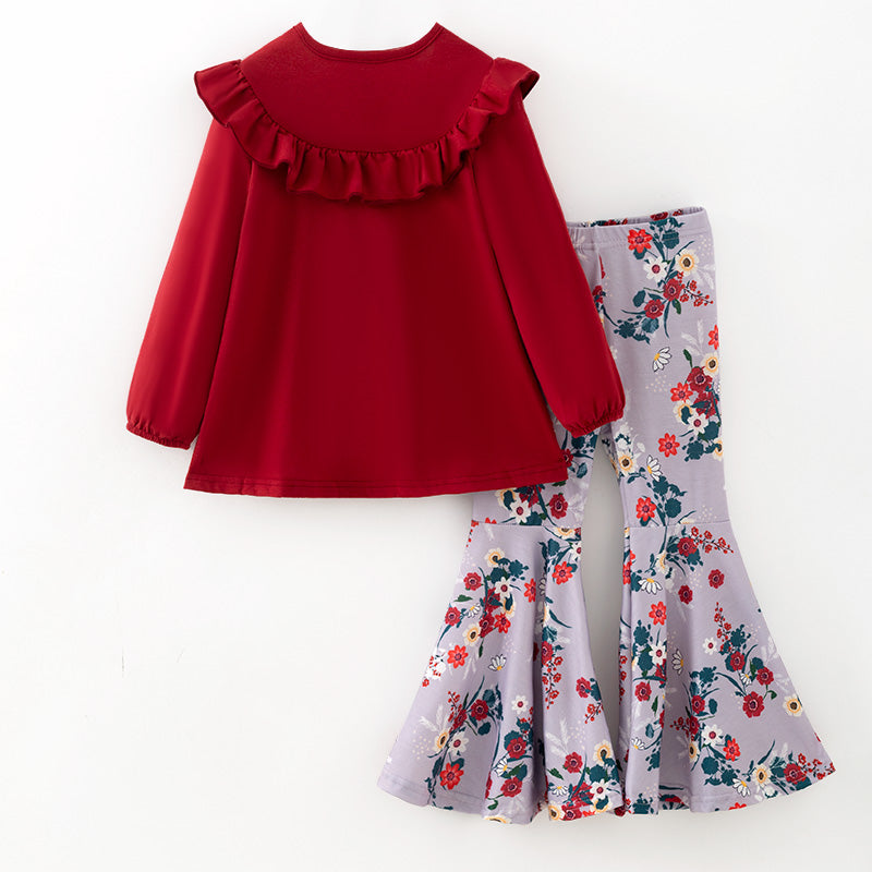 （In Stock）Girls Fall&Winter Red Cotton Top Bell Pants Set