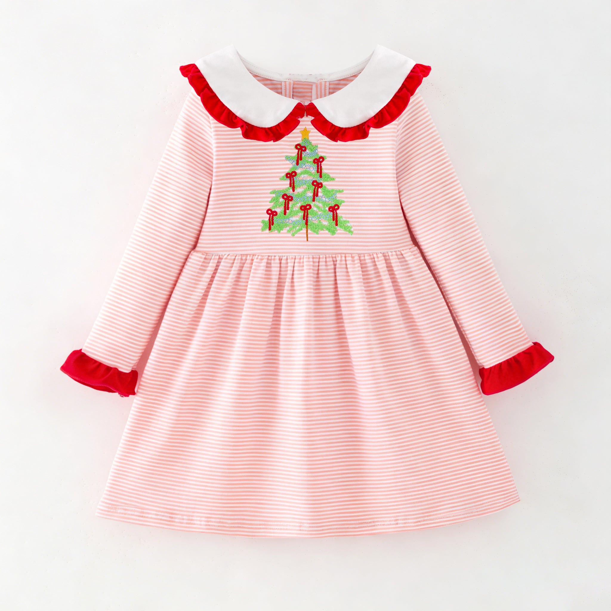（In Stock）Girls Christmas Tree Embroidery Cotton Dress