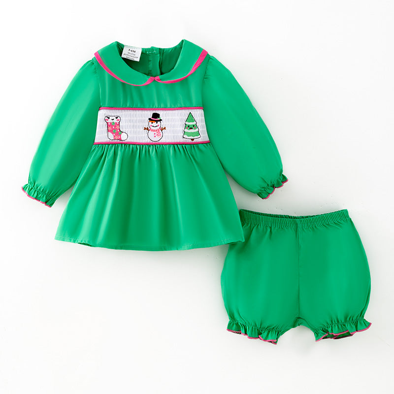 （In Stock）Toddler Girls Christmas Embroidery Smocked Bloomer Set（Nose problem）