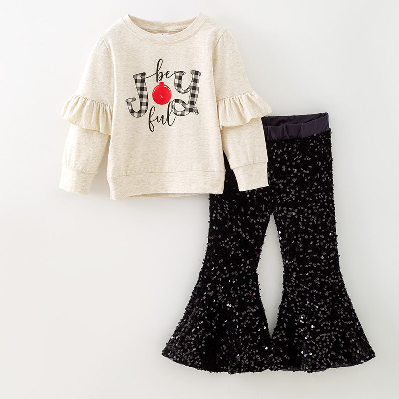 （In Stock）Girls Christmas Print Cotton Top Sequin Pants Set