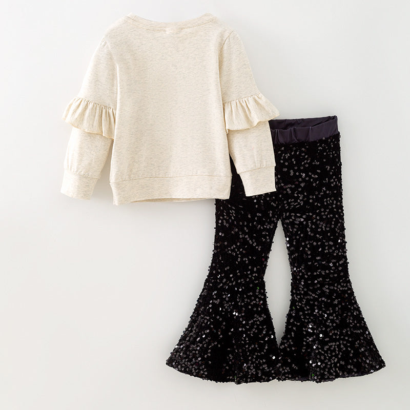 （In Stock）Girls Christmas Print Cotton Top Sequin Pants Set
