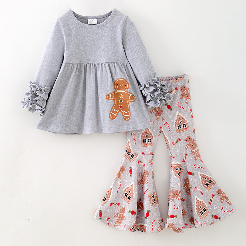 （In Stock）Girls Christmas Gingerbread Print Outfit Set